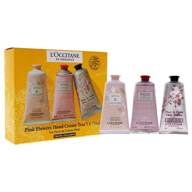 Pink Flowers Handcreme-Trio von LOccitane für Unisex – 3 x 2,6 oz Pivoine Flora Handcreme, Roses et Reines Hand- und Nagelcreme, Cherry Blossom Handcreme